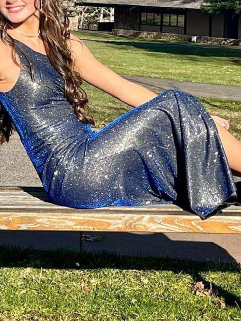 One-Shoulder Sparkle Evening Gown in Navy
